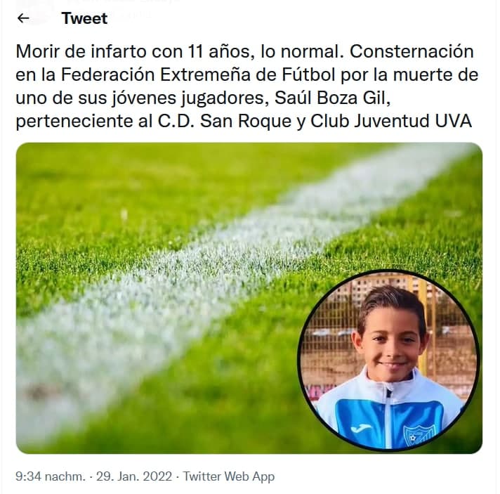 Kindermord mit GENimpfung Badajoz (Spanien)
                3.2.2022: Sa�l Boza Gil ist mit 11 weg - Hezversagen
