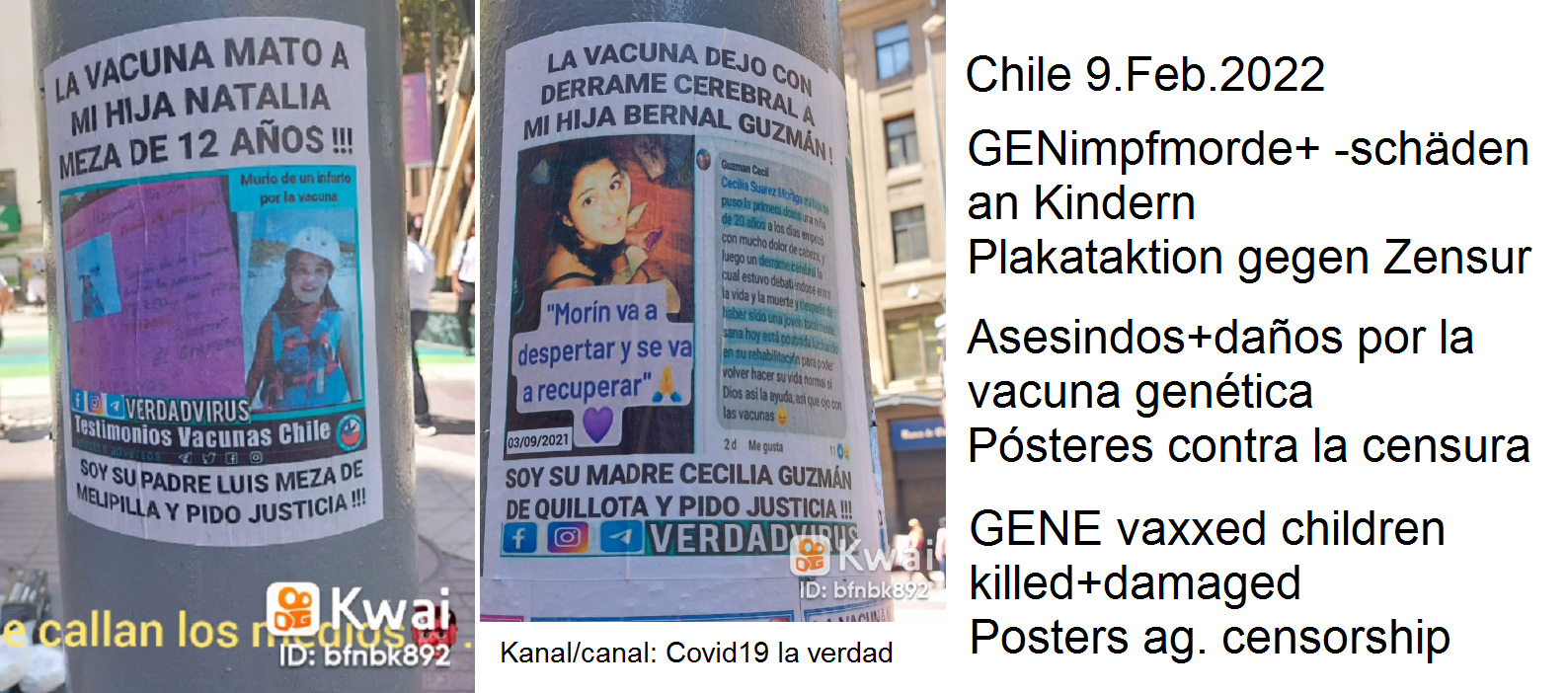 Kindermord+schwere GENimpfsch�den durch
                            GENimpfungen in Chile 9.2.2022: Kind tot,
                            gel�hmt, Herzmuskelentz�ndung etc.:
                            Chilenische Covid-Impfopfer machen mit
                            Plakaten und Aufklebern auf sich aufmerksam