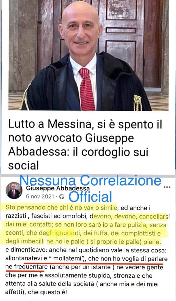 Verdacht GENimpfmord in
                  Messina (1G-Fascho-Italien) 18.2.2022: Anwalt Giuseppe
                  Abbadessa hetzte gegen Wahrheitswisser - nun ist mit
                  61 weg: Lutto a Messina, si � spento il noto avvocato
                  Giuseppe Abbadessa