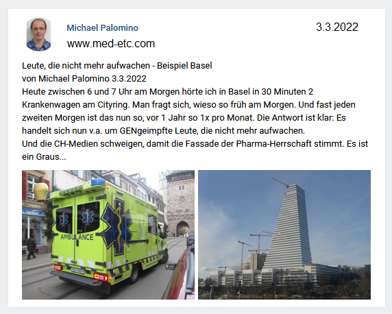 Verdacht GENimpfmord 3.3.2022: Fast jeden
                    zweiten Tag rasen Krankenautos am fr�hen Morgen
                    durch Basel - Leute, die nicht mehr aufwachen