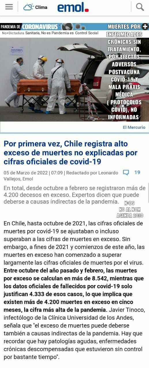 Zahlen GENimpfmorde in Chile 12.3.2022:
                  Erstmals registriert Chile eine hohe
                  �bersterblichkeit, die mit den offiziellen
                  Covid-Zahlen nicht erkl�rbar ist - Meldung vom
                  5.3.2022: Por primera vez, Chile registra alto exceso
                  de muerets no explicadas por cifras oficiales de
                  covid-19