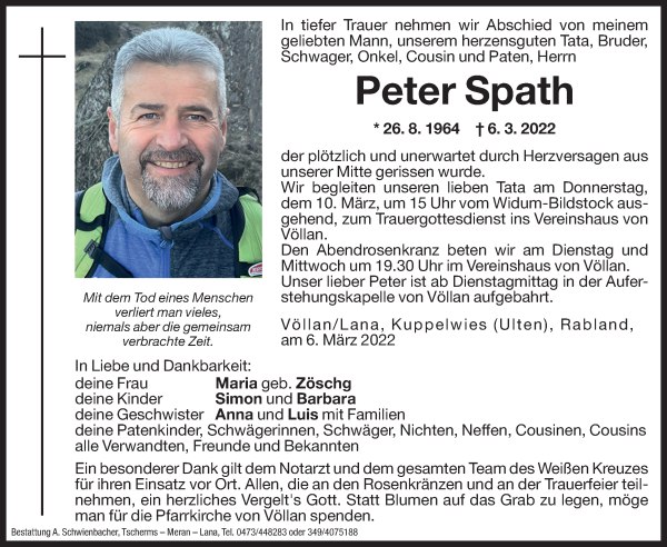 Verdacht GENimpfmord im
                  Kanton Bern 19.3.2022: Peter Spath 26.8.1964 bis
                  6.3.2022 Traueranzeigen von Peter Spath | Trauer.bz