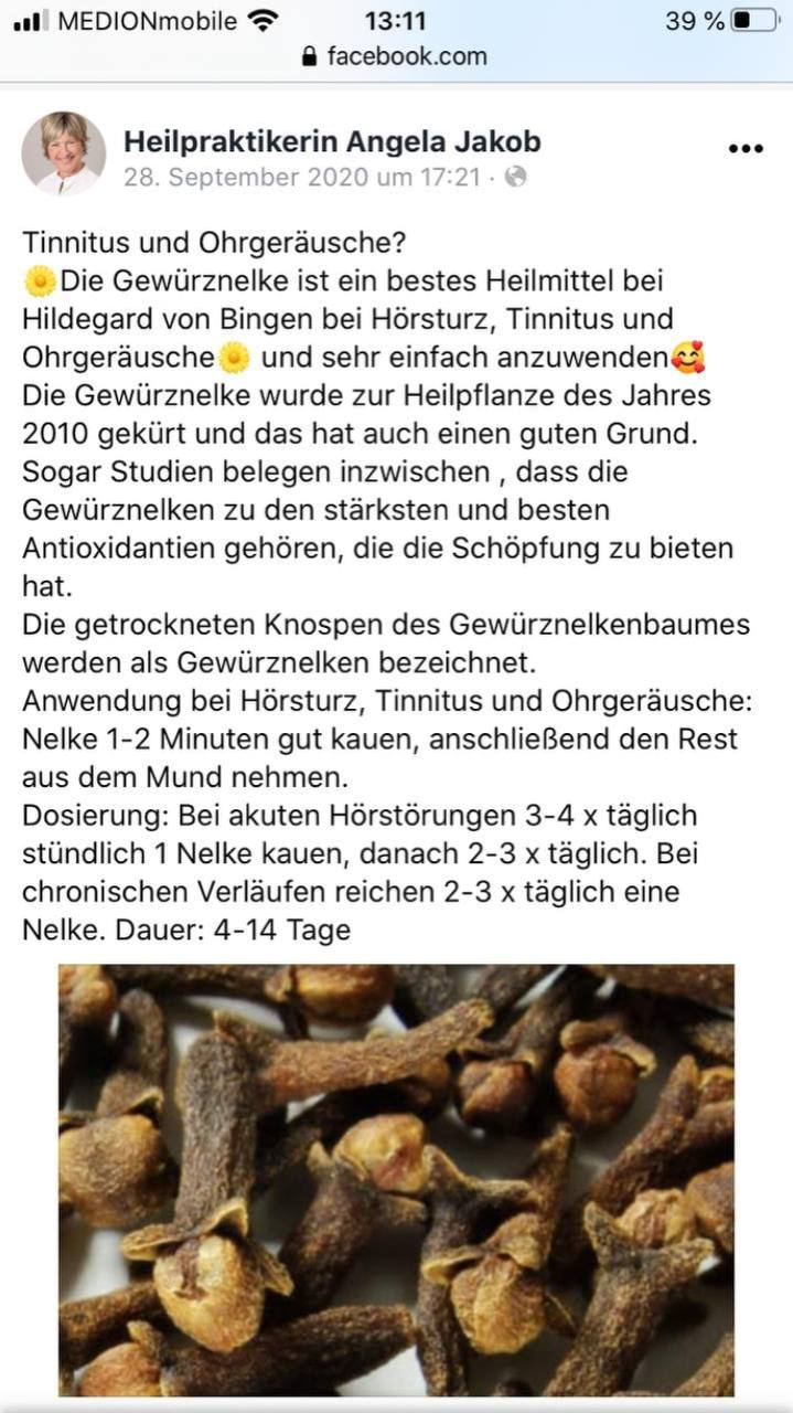 Medizinisches 6.4.2022:
                  Nelken kauen gegen Tinnitus und H�rsturz