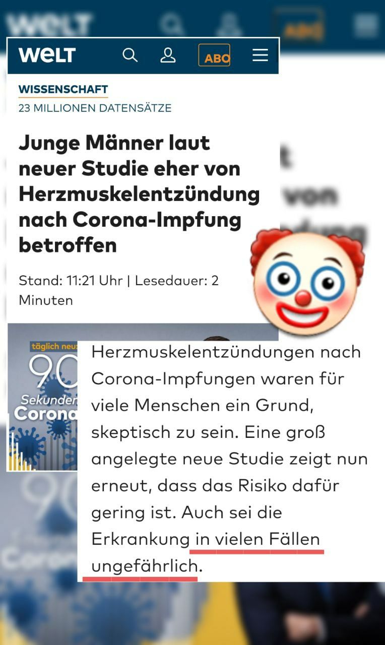 Mossad-Medien im 4R
                    am 25.4.2022: Herzmuskelentz�ndung wird herabgestuft
                    (!): "Auch sei die Erkrankung in vielen F�llen
                    ungef�hrlich" (??!!)