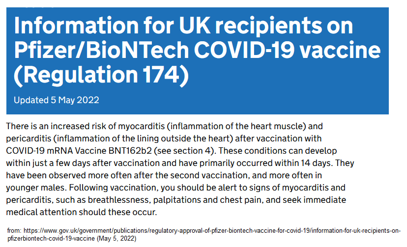 SCHLANGENGIFTimpfschaden GB
                            10.5.2022: "BRITISCHE REGIERUNG STELLT
                            HEIMLICH STILL UND LEISE EINE WARNUNG VOR
                            MYOKARDITIS AUF IHRE WEBSITE"
                            Information for UK recipients on
                            Pfizer/BioNTech COVID-19 vaccine (Regulation
                            174)