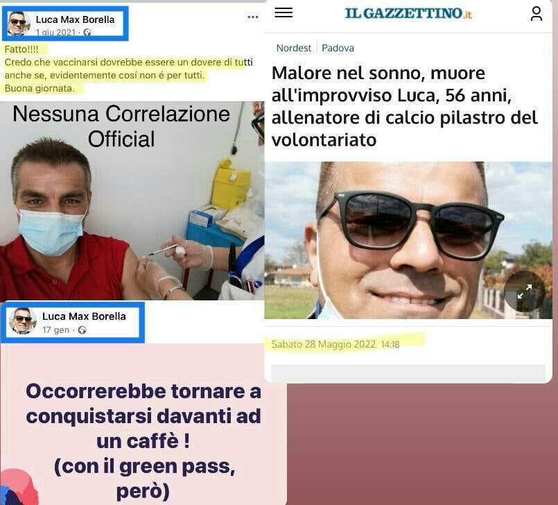Verdacht
                  SCHLANGENGIFTimpfmord Boara Pisani (Provinz Padua,
                  Italien) 30.5.2022: Luca Max Borella (56) geimpft:
                  stirbt im Schlaf - hetzte vor einem Jahr noch zur
                  SCHLANGENGIFTimpfung! Malore nel sonno, muore
                  all'improvviso Luca, 56 anni, allenatore di calcio
                  pilastro del volontariato