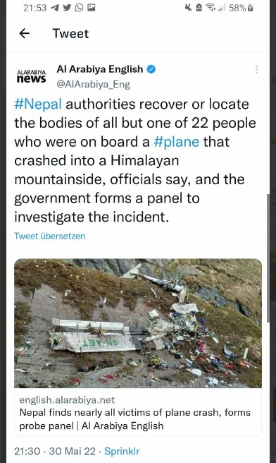 Flugzeugabsturz in Nepal an einem Himalayaberg,
                    22 Tote, 30.5.2022