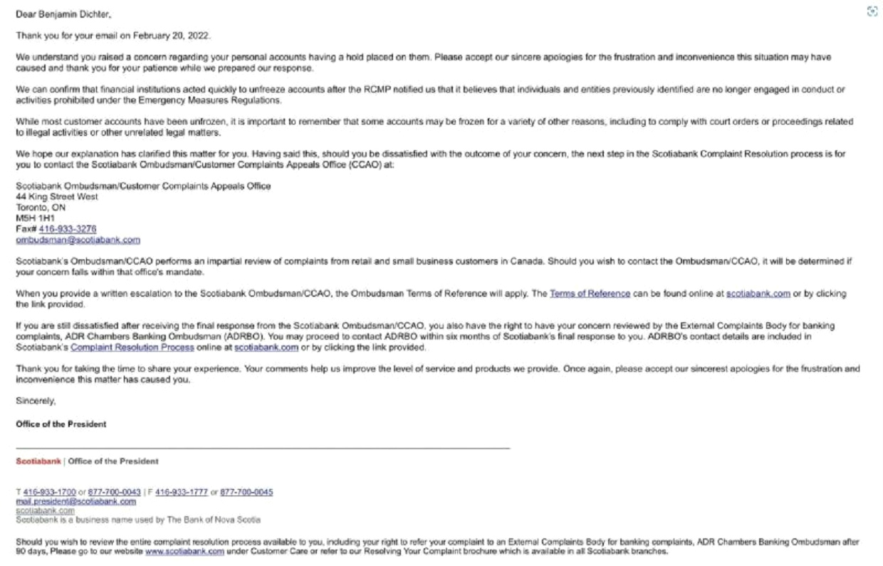 Scotiabank ohne
                      Rechtsbewusstsein entschuldigt sich bei
                      Konvoy-Teilnehmer Dichter f�r die Kontensperrung