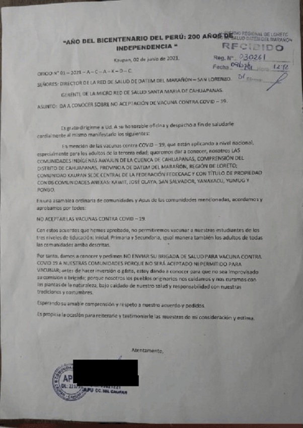 Protestbriefe
                  der Apu-Ureinwohner in Peru von 2021: Ureinwohner von
                  Peru lehnen die SCHLANGENGIFTimpfung ab, Brief 1