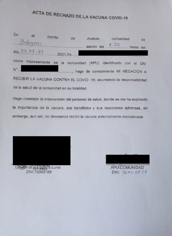 Protestbriefe
                    der Apu-Ureinwohner in Peru von 2021: Ureinwohner
                    von Peru lehnen die SCHLANGENGIFTimpfung ab, Brief
                    5