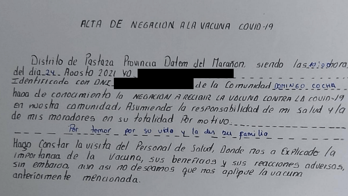 Protestbrief der
                      Ureinwohner aus der Provinz Datem del Mara�on in
                      Peru von 2021: Ureinwohner von Peru lehnen die
                      SCHLANGENGIFTimpfung ab