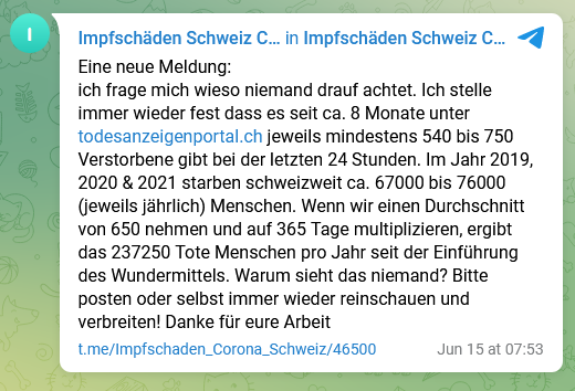 Zahlen
                  SCHLANGENGIFTimpfmorde Schweiz 15.6.2022:
                  Todesanzeigen: von max 76.000 pro Jahr fast
                  verdreifachen auf 237.250 pro Jahr