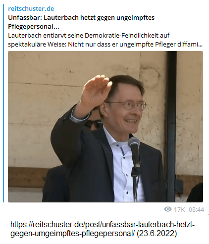 Impfmonster Lauterbach 23.6.2022: Ist das Foto
                  mit Hitlergruss echt oder nur Photoshop? Unfassbar:
                  Lauterbach hetzt gegen ungeimpftes Pflegepersonal...