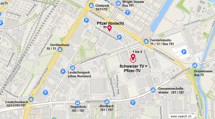 27.6.2022: Der Stadtplan von Z�rich mit dem
                  Beweis: Pfizer hat sich gleich 100-200m neben dem
                  Schweizer Fernsehen SF installiert, Zoom