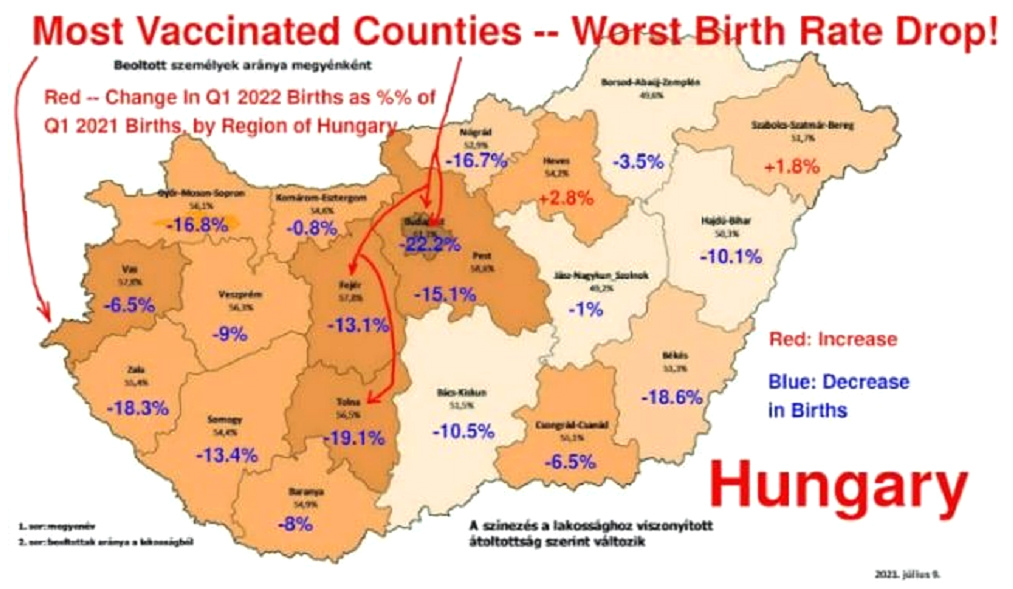 Zahlen Ungarn im
                  Jahre 2021 am 4.7.2022: Je h�her die Impfrate, desto
                  niedriger die Geburtenrate: Highest Vaccinated
                  Counties in Hungary Have Worst Birth Rate Drops in
                  2022 [4]