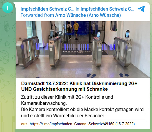 Diskriminierung mit 2G+ und
                Gesichtserkennung in Darmstadt 18.7.2022: Klinik l�sst
                sonst niemanden mehr rein: Zutritt zu dieser Klinik mit
                2G+ Kontrolle und Kamera�berwachung