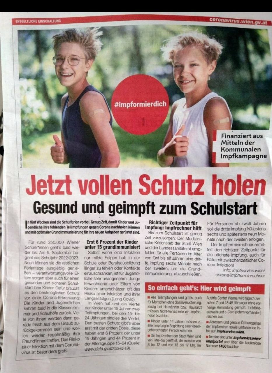 SCHLANGENGIFTimpfwerbung gegen Kinder in Wien
                  8.8.2022: "Jetzt vollen Schutz holen"