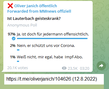 ImpfmonsterLauterbach am
                                  12.8.2022: ist bei 97% der Zuschauer
                                  GEISTESKRANK eingestuft