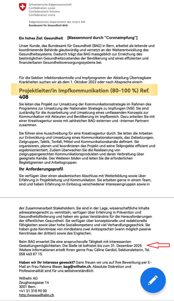 Kriminelles BAG von den
                Impfmonstern Berset+Levy: Stellenausschreibung
                Projektleiter Impfkommunikation von 2022 bis Dezember
                2025