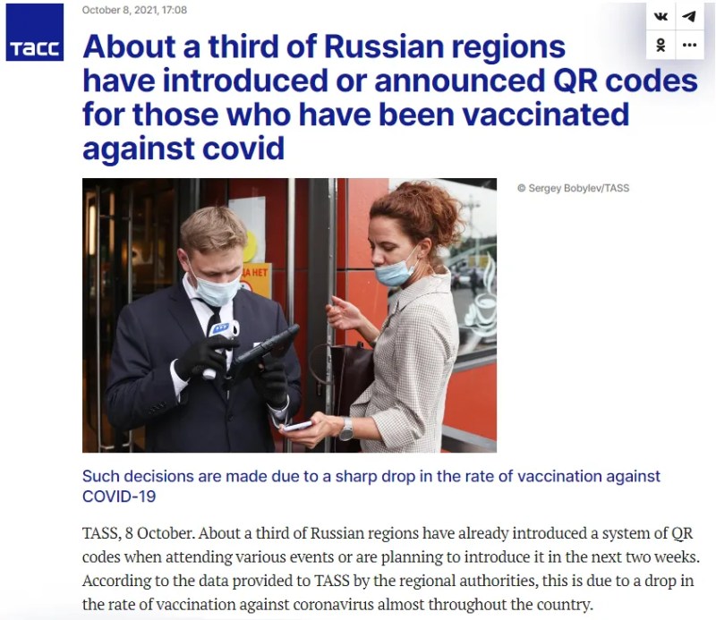 Putin mit Impfpflicht 06: TASS meldet am
                        8.10.2021: Ca. 1/3 der russischen Regionen haben
                        das QR-Code-System eingef�hrt oder angek�ndigt,
                        das f�r die "Corona"-Geimpften gilt
