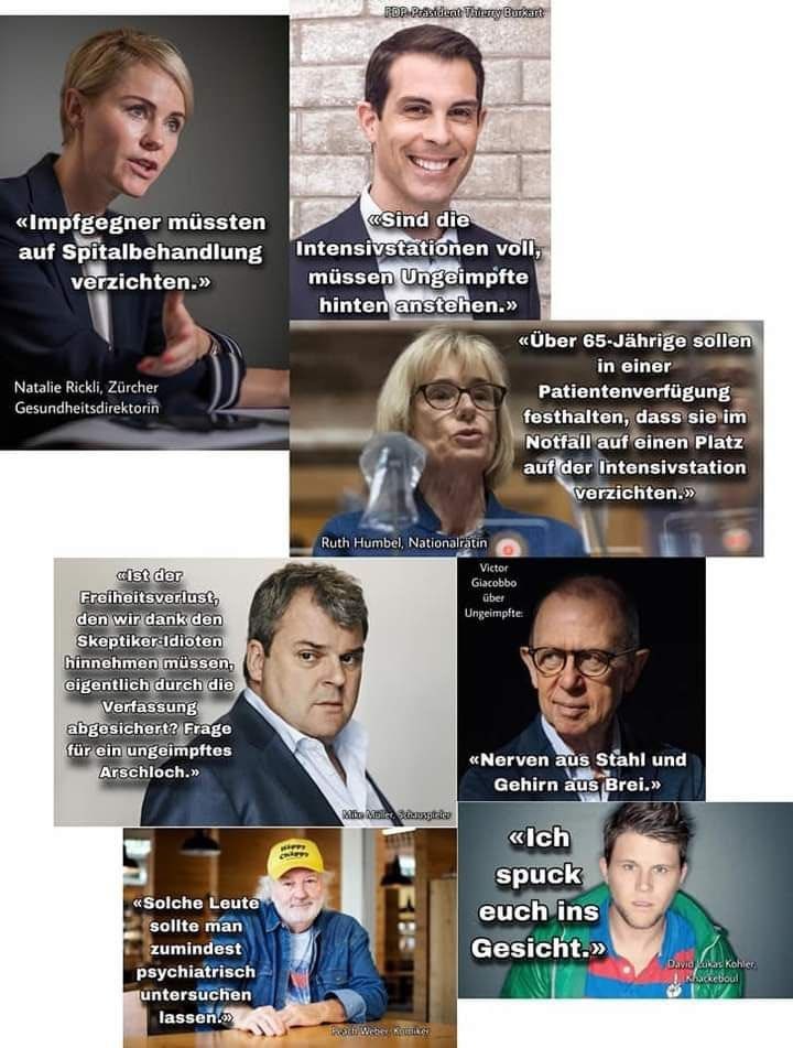 Hetzer gegen UNgeimpfte in der
                      Schweiz 25.10.2022: Wie sie gegen UNgeimpfte
                      geflucht haben - Beispiele mit Rickli, Burkart,
                      Humbel, Mike M�ller, Giacobbo, Peach Weber, Martin
                      Lukas Kohler