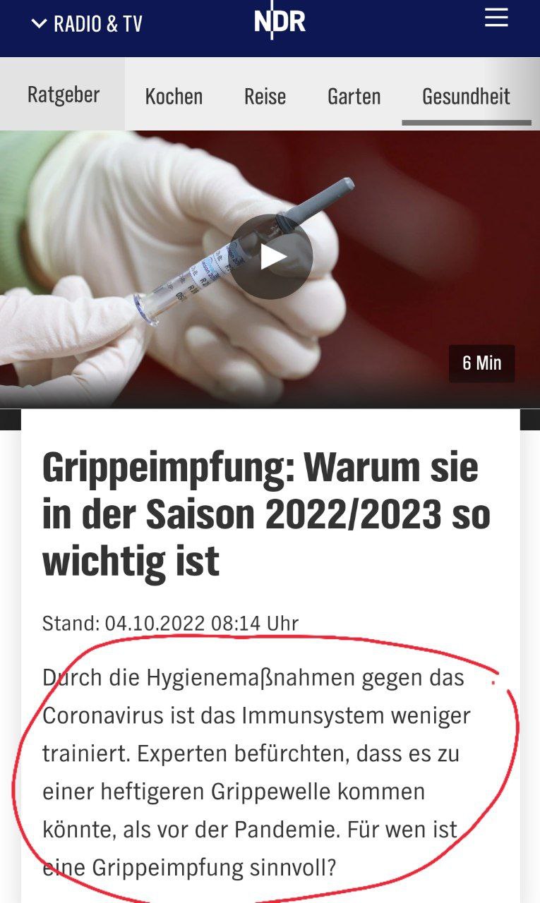Lockdown+Quarant�ne etc. 27.10.2022: Die
                    Wahrheit kommt raus: Der Coronawahn soll dem
                    Immunsystem schaden: "Durch die
                    Hygienemassnahmen gegen den Coronavirus ist das
                    Immunsystem weniger trainiert"