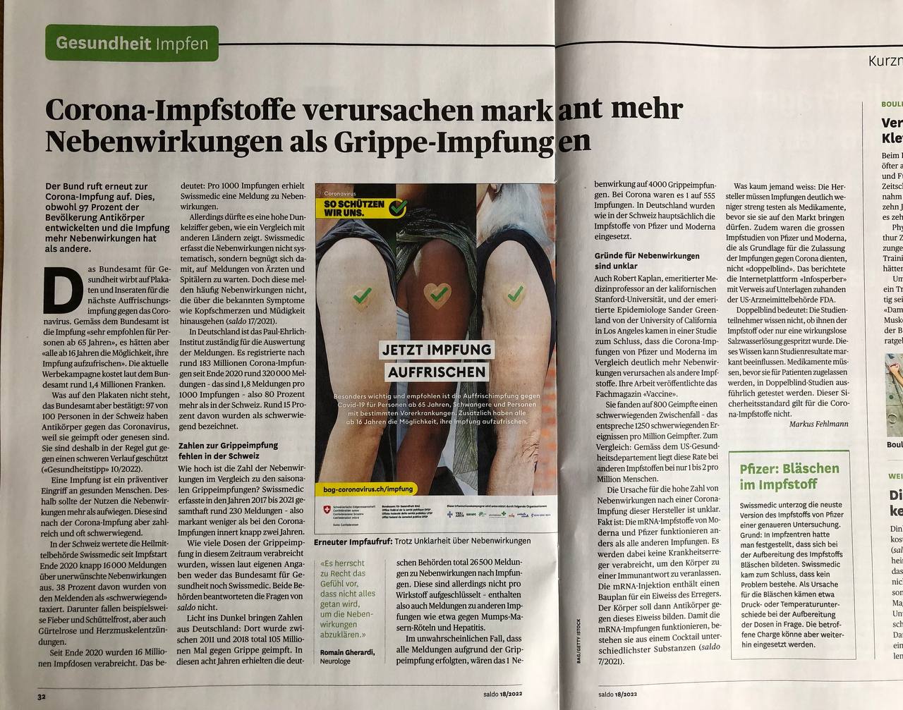 Artikel von "Saldo" (Schweiz)
                    8.11.2022: Corona-Impfstoffe verursachen markant
                    mehr Nebenwirkungen als Grippe-Impfungen