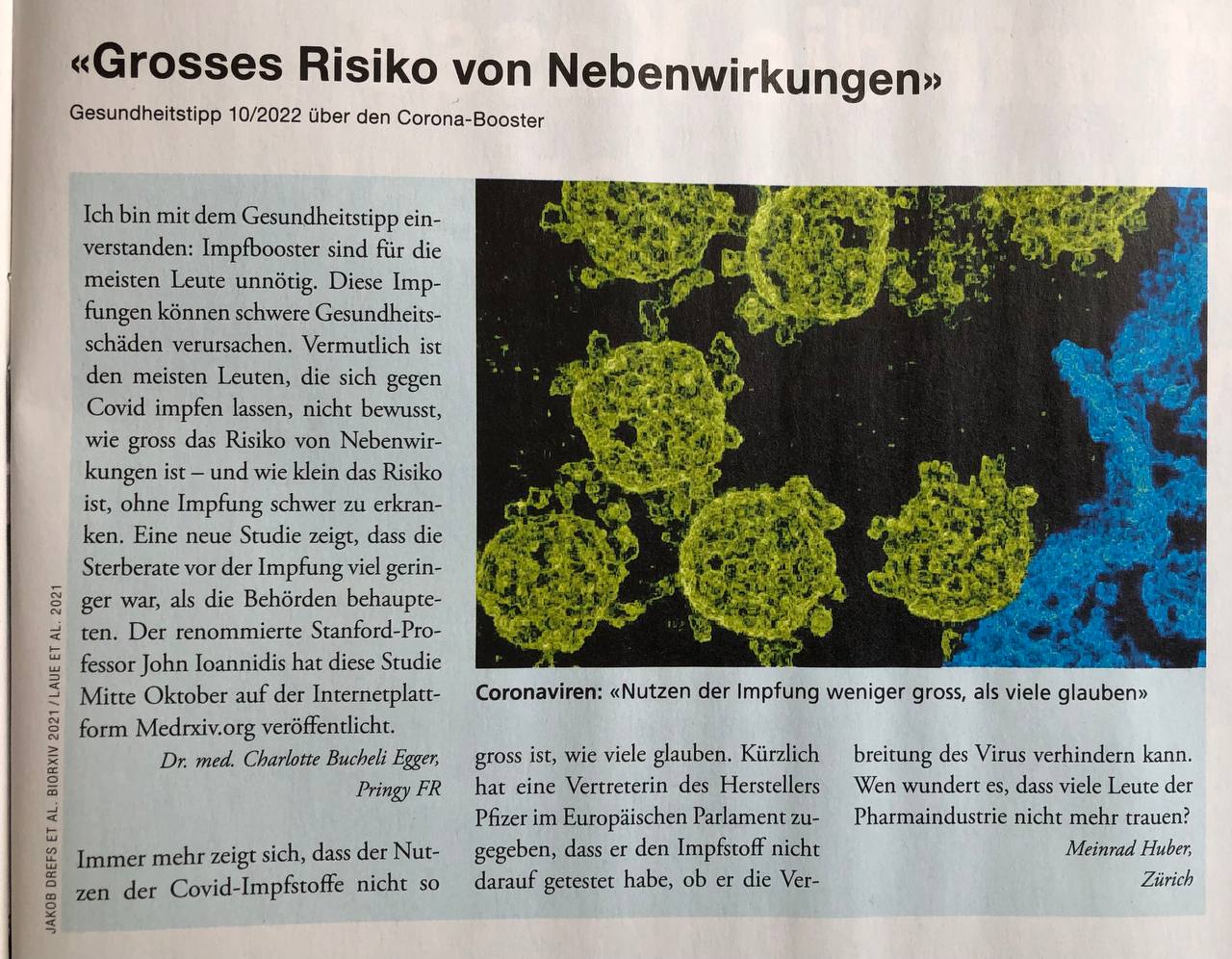 Der
                    "Gesundheitstipp" der Schweiz am
                    10.11.2022: warnt vor "Nebenwirkungen" der
                    "Coronaimpfung"