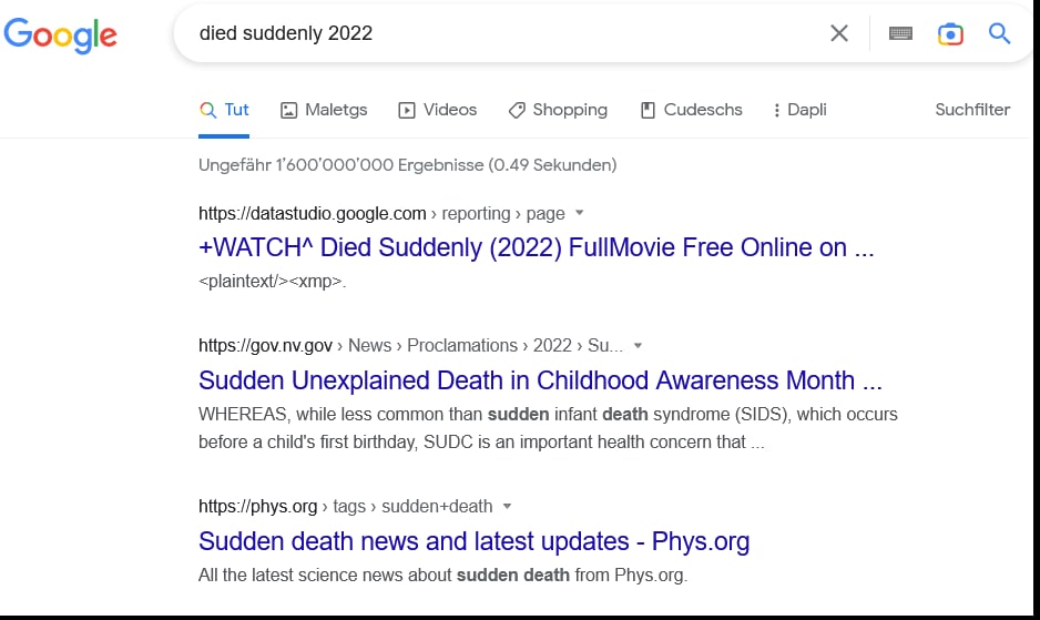 "Corona"-Impfmorde
                                weltweit 26.11.2022: googe mit
                                "died suddenly"