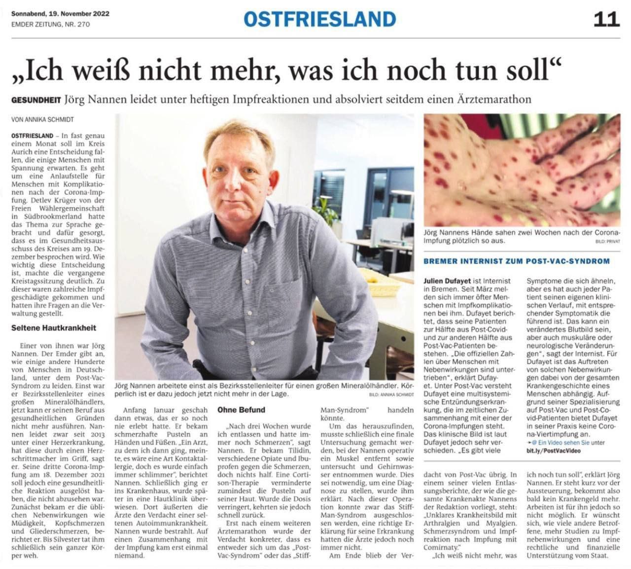 "Corona"-Impfschaden in Ostfriesland
                  (4R) am 21.11.2022: J�rg Nannen beklagt Impfschaden:
                  Schmerzen �berall und Pusteln an H�nden und F�ssen -
                  er ist arbeitsunf�hig