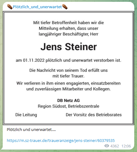 23.11.2022 Bayern (S�dosten von 4R):
                    DB-Angestellter Jens Steiner mit ca. 50 weg: