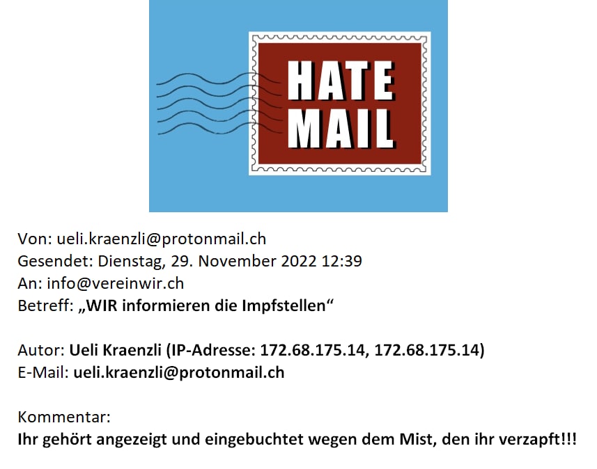 Das
                    Pseudonym Ueli Kr�nzi gegen Verein WIR am
                    29.11.2022: Drohung gegen Verein WIR