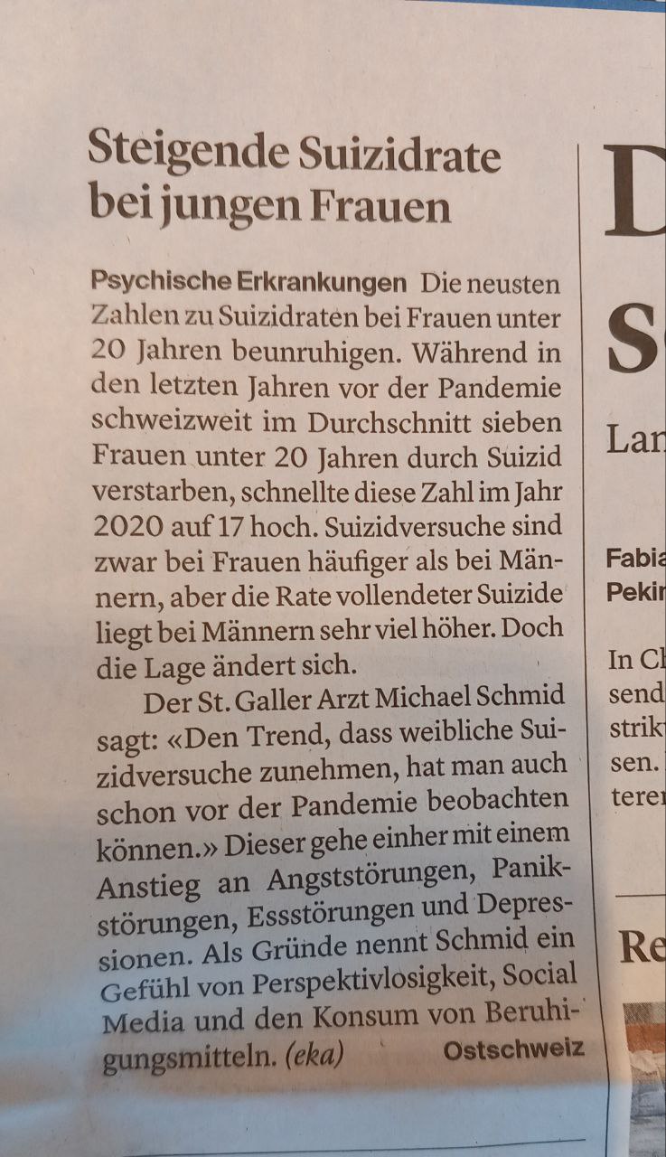 "Corona"-Impfschaden Schweiz
                  28.11.2022: Selbstmordrate steigt bei jungen Frauen:
                  Steigende Suizidrate bei jungen Frauen