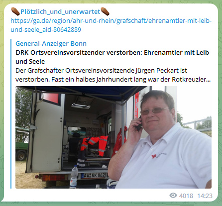 Bonn: Mann vom Deutschen
                    Roten Kreuz mit viel �bergewicht mit ca. 70 weg:
                    DRK-Ortsvereinsvorsitzender verstorben: Ehrenamtler
                    mit Leib und Seele