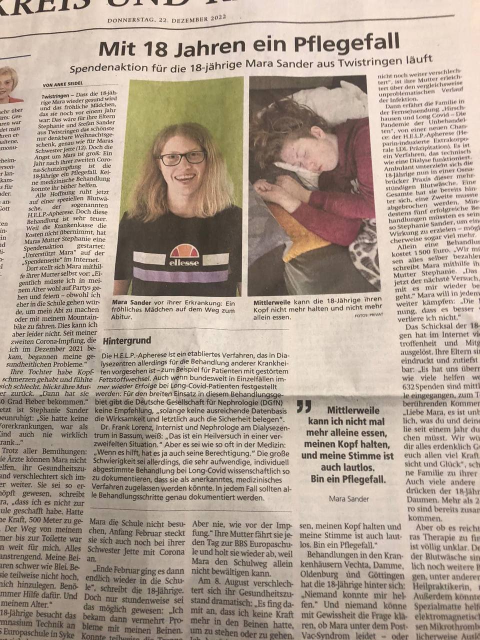 "Corona"-Impfschaden Twistringen
                  (Niedersachsen, 4R) 22.12.2022: Mara Sander 2x
                  geimpft: mit 18 ein Pflegefall