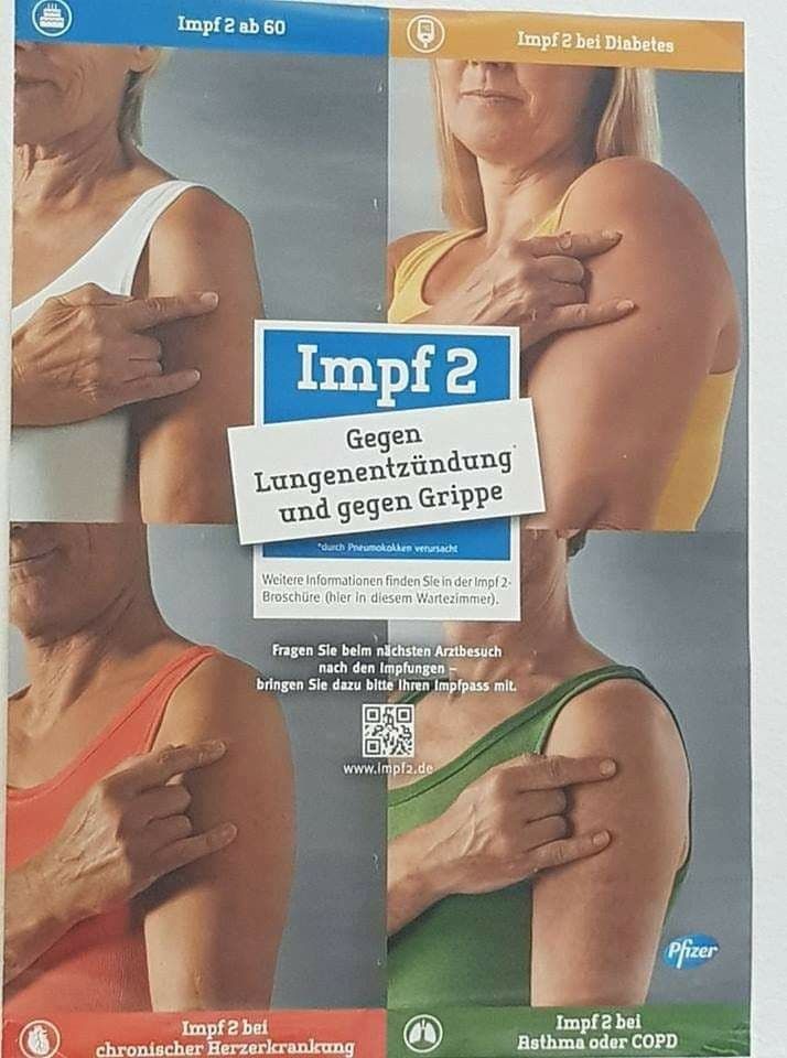 T�dliche mRNA-Impfwerbung 11.5.2023: mit dem
                    satanistischen Fingerzeichen des Teufels: gegen
                    Lungenentz�ndung+Grippe - "nimm 2"