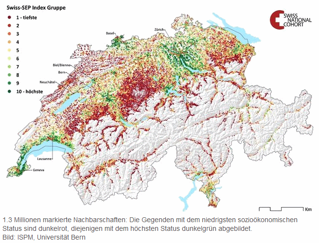 Karte der Schweiz mit
                          der Schichtenbildung: 1.3 Millionen markierte
                          Nachbarschaften: Die Gegenden mit dem
                          niedrigsten sozioökonomischen Status sind
                          dunkelrot, diejenigen mit dem höchsten Status
                          dunkelgrün abgebildet.