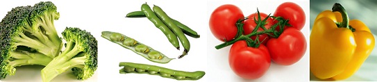Vegetables, for example broccoli, beans, tomatoes,
            and yellow peperoni