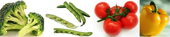 Vegetables, for example broccoli, beans, tomatoes,
            and yellow peperoni