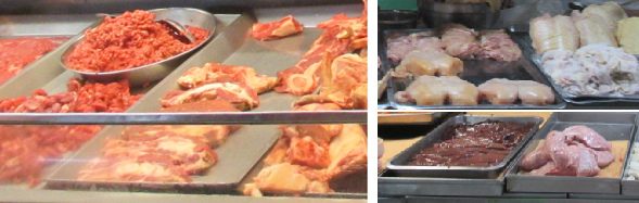 Fleischtheke mit
                                            Rindsfleisch (links),
                                            H�hnchenfleisch (rechts
                                            oben), Rindsleber und
                                            Rindszunge (unten)
