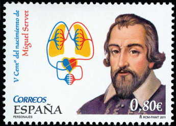 Miguel Servet, retrato
                con la circulaci�n sangu�nea pulmonar en un sello