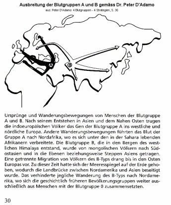 Mapa con la distribuci�n de los
                              grupos sangu�neos A y B seg�n Dr. Peter
                              D'Adamo