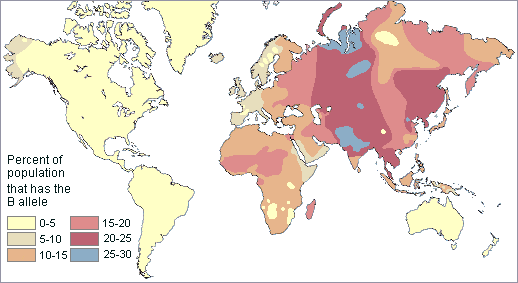 Mapa: Grupo
                  sangu�neo B mundial de hoy