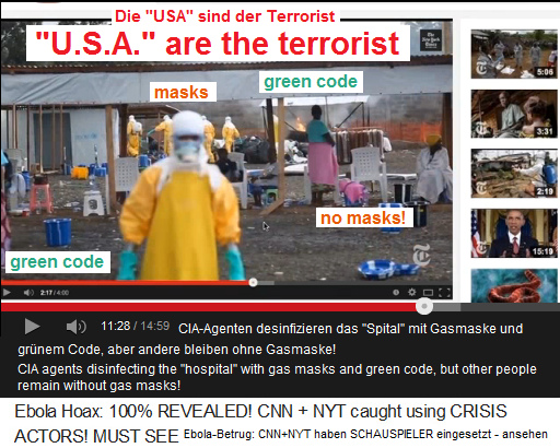 Der gef�lschte
                            Film der CIA-New York Times pr�sentiert
                            Schauspieler, die das falsche Spital mit
                            Gr�n-Code-Kleidern desinfizieren, aber
                            andere Leute haben gar keine Gasmaske an