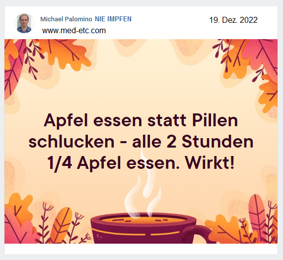 Text von
                Michael Palomino NIE IMPFEN: Apfel essen statt Pillen
                schlucken - 19.12.2022
