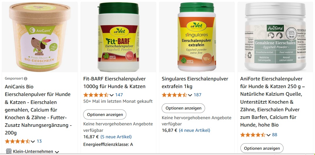 Sur Amazon: Poudre
                  de coquille d’�uf pour chiens et chats (31-01-2025)