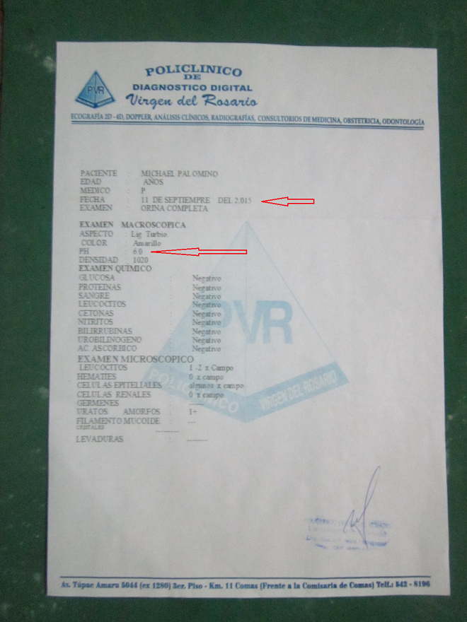 pH-Test vom 11. September 2015 mit dem
                      pH-Wert 6 im Urin