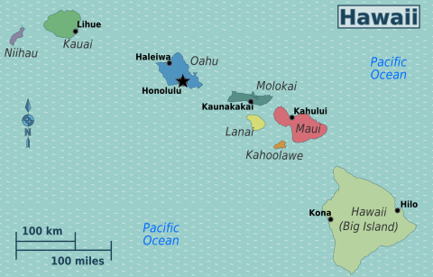 Map of Hawaii
                                with the towns of Honolulu and Hilo