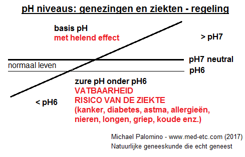 Schema met de pH-waarden zuur, neutraal pH7 en boven basic met curatief effect