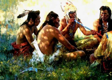 Sitzrunde von Ureinwohnern mit einer
              Pfeife